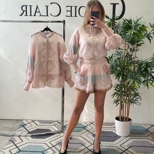 High-Waist Pastel Pink Patterned Belted Women's Shorts